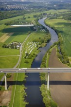 Aerial view, river Ruhr, Mintarder Ruhrtalbrücke, Leinpfad, Campingplatz Staader Loch, Saarn,