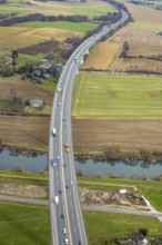 Aerial view, Mintarder Ruhrtalbrücke, motorway A52, river Ruhr, construction site under the bridge,