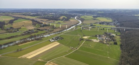 Aerial view, Mintarder Ruhrtalbrücke, motorway A52, river Ruhr, construction site under the bridge,