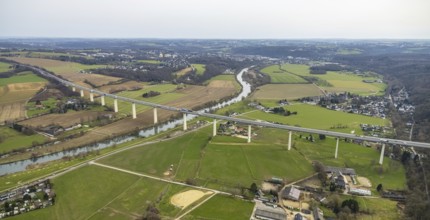 Aerial view, Mintarder Ruhrtalbrücke, motorway A52, river Ruhr, construction site under the bridge,