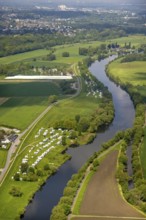 Aerial view, river Ruhr, towpath, campsite Mülheim Staader Loch, Saarn, Mülheim an der Ruhr, Ruhr