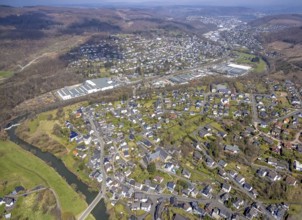View of Brachbach with railway station, River Sieg, Mudersbach, Siegerland, Rhineland-Palatinate,
