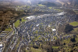 View of Brachbach with railway station, River Sieg, Mudersbach, Siegerland, Rhineland-Palatinate,