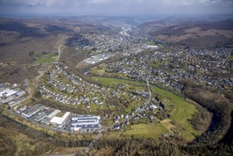 View of Brachbach with railway station, River Sieg, Mudersbach, Siegerland, Rhineland-Palatinate,