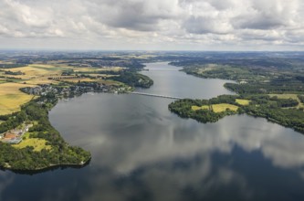 Aerial view, flood after heavy rainfall, Möhne dam with water level, Günne, Lake Möhne, Sauerland,