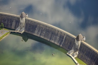 Aerial view, flood after heavy rainfall, Möhne dam with water level, Günne, Lake Möhne, Sauerland,