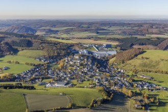 Aerial view, town view and brewery C.& A. VELTINS in the district Grevenstein in Meschede,