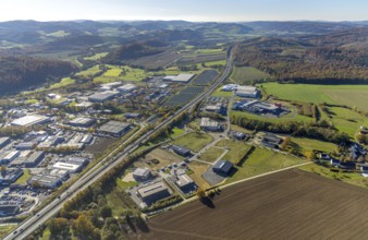 Aerial view, industrial area Enste with solar park at the motorway A46 m district Enste in