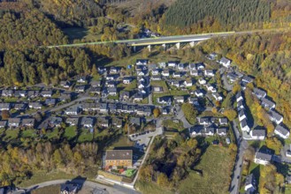 Aerial view, new development area Ziegelei II with children's garden in wooden construction in