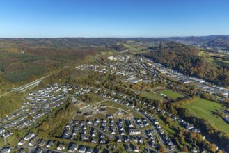 Aerial view, new development area Ziegelei II with children's garden in wooden construction in
