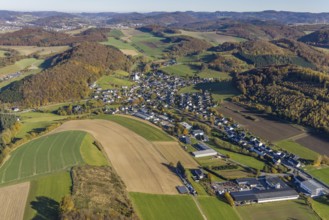 Aerial view, St.Severinus parish church in the district of Calle in Meschede, Sauerland, North