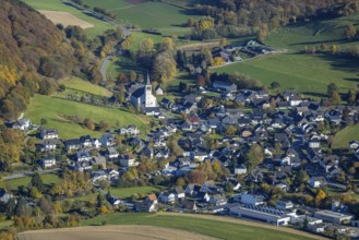 Aerial view, St.Severinus parish church in the district of Calle in Meschede, Sauerland, North