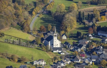 Aerial view, St.Severinus parish church in the district of Calle in Meschede, Sauerland, North