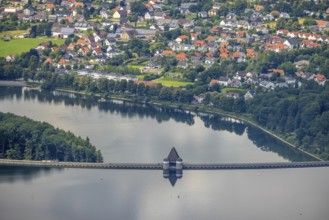 Aerial view, flood after heavy rainfall, Möhne dam with water level, Möhne dam wall, Günne, Lake