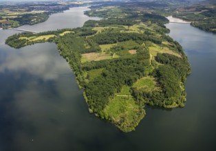 Aerial view, flood after heavy rainfall, Möhne dam with water level, Günne, Lake Möhne, Sauerland,