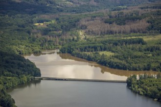 Aerial view, flood after heavy rainfall, Möhne dam with water level, Günne, Lake Möhne, Sauerland,