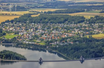 Aerial view, flood after heavy rainfall, Möhne dam with water level, Möhne dam wall, Günne, Lake