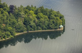 Aerial view, flood after heavy rainfall, Möhne dam with water level, Günne, Lake Möhne, Sauerland,
