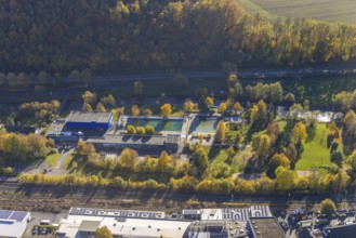 Aerial view, indoor and outdoor swimming pool Meschede in Meschede-Stadt in Meschede, Sauerland,