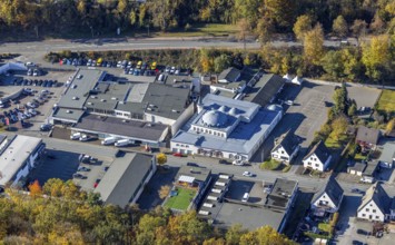 Aerial view, Fatih Mosque and Hoffmann car dealership in Meschede town in Meschede, Sauerland,