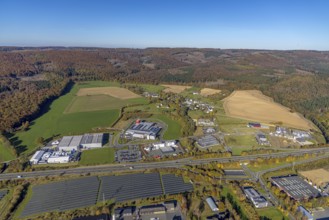 Aerial view, commercial area Enste with solar park at the motorway A46 in the district Enste in