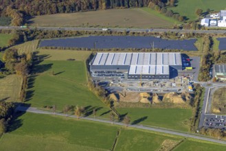 Aerial view, Brilon lights with solar park in the Enste industrial estate on the A46 motorway in