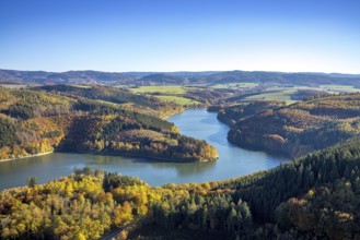 Aerial view, Hennesee in autumn colours in the district Berghausen in Meschede, Sauerland, North