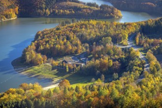Aerial view, Restaurant H1 am See am Hennesee in autumn colours in the district Berghausen in