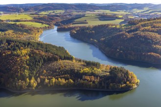 Aerial view, Hennesee in autumn colours in the district Berghausen in Meschede, Sauerland, North