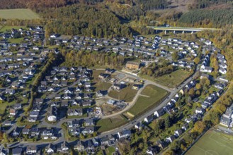 Aerial view, new development area Ziegelei II with children's garden in wooden construction in