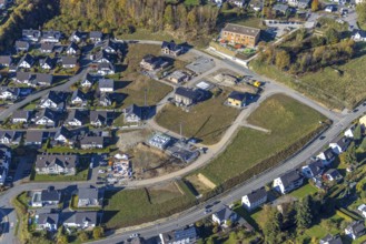 Aerial view, new development area Ziegelei II with children's garden in wooden construction in