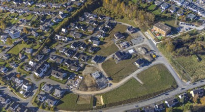 Aerial view, new development area Ziegelei II with children's garden in wooden construction in