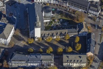 Aerial view, St. Walburga Church and Youth Centre at Stiftsplatz in Meschede-Stadt in Meschede,