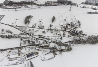 Aerial view of the winter landscape in Mosebolle with riding stable near Meschede in winter with