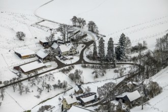 Aerial view of the winter landscape in Mosebolle with riding stable near Meschede in winter with