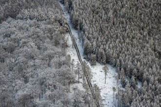 Aerial view of the Arnsberg Forest near Meschede in winter with snow in the Sauerland in North