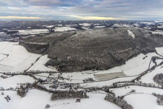 Aerial view of Vogelsang hill near Heggen near Meschede in winter with snow in Sauerland in North