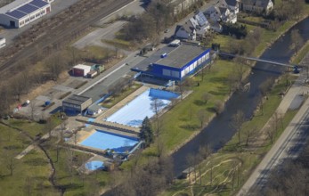 Aerial view, indoor and outdoor swimming pool Meschede, Meschede town, Meschede, Sauerland, North