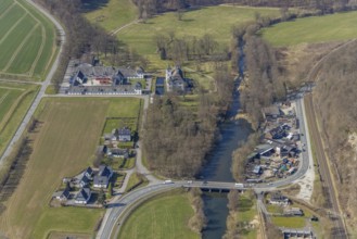 Aerial view, WasserSchloss Laer, river Ruhr, Holzhandel Schulte-Albert, Berghausen, Meschede,
