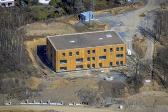 Aerial view, construction area residential development Waldstraße, new development area Ziegelei