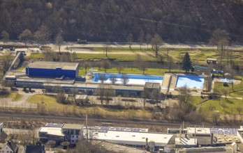 Aerial view, indoor and outdoor swimming pool Meschede, Meschede town, Meschede, Sauerland, North