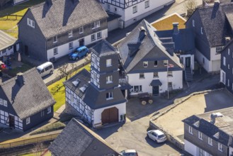 Aerial view, old fire station, half-timbered house, Rittergasse, Eversberg, Meschede, Sauerland,