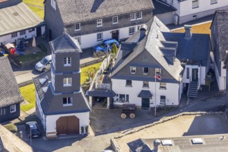 Aerial view, old fire station, half-timbered house, Rittergasse, Eversberg, Meschede, Sauerland,