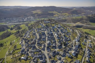Aerial view, View of Eversberg, Ruins of Eversberg Castle, Schlossberghalle Eversberg, St