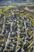 Aerial view, View of Eversberg, Ruins of Eversberg Castle, Schlossberghalle Eversberg, St