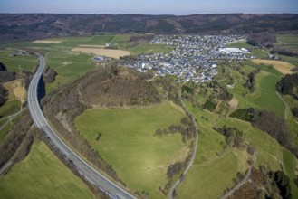 Aerial view, motorway A46 with view of Eversberg, Meschede, Sauerland, North Rhine-Westphalia,