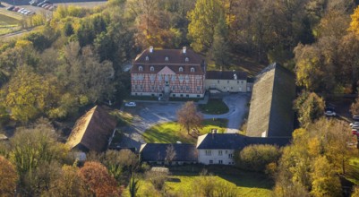 Aerial view, half-timbered house Gut Rödinghausen with the Menden Industrial Museum in the district