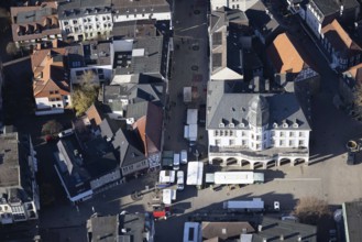 Aerial view, old town hall with market place in Menden, Sauerland, North Rhine-Westphalia, Germany,