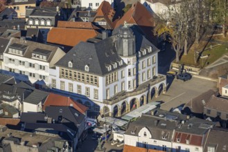Aerial view, old town hall with market place in Menden, Sauerland, North Rhine-Westphalia, Germany,