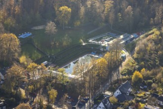 Aerial view, Bürgerbad Leitmecke in Menden, Sauerland, North Rhine-Westphalia, Germany, bathing